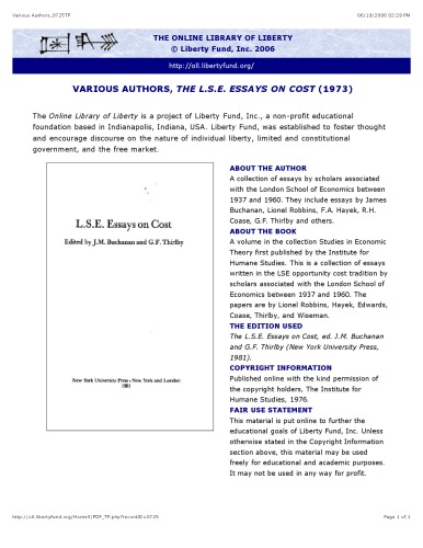 L. S. E. Essays On Cost