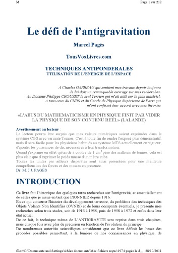 Le defi de l antigravitation : techniques antiponderales, utilisation de l energie de l espace $.