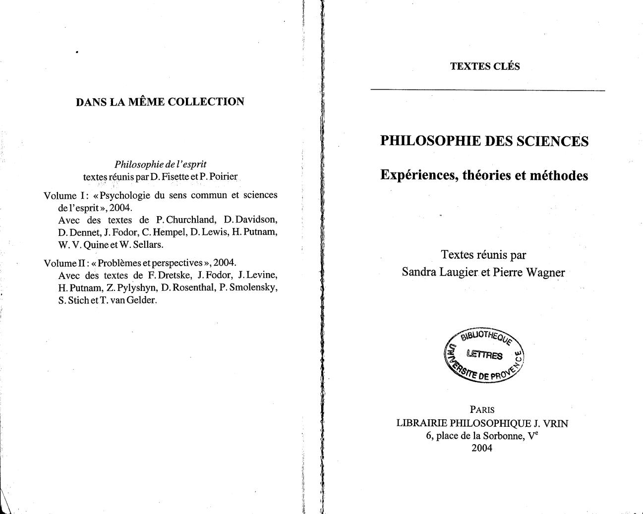 Textes clés de Philosophie des sciences, Vol. I 