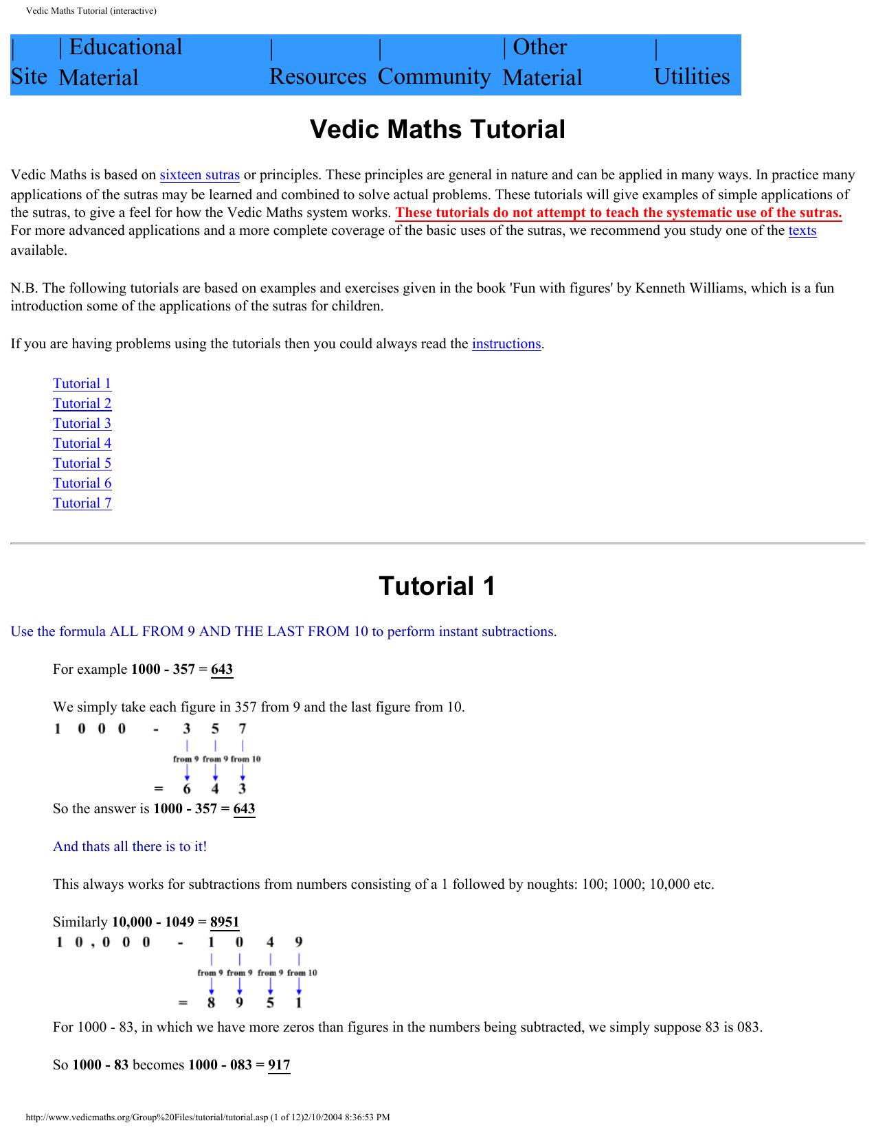 Vedic Maths Tutorial (interactive)