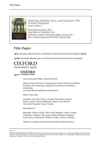 Christian Identity, Jews, and Israel in 17th-Century England