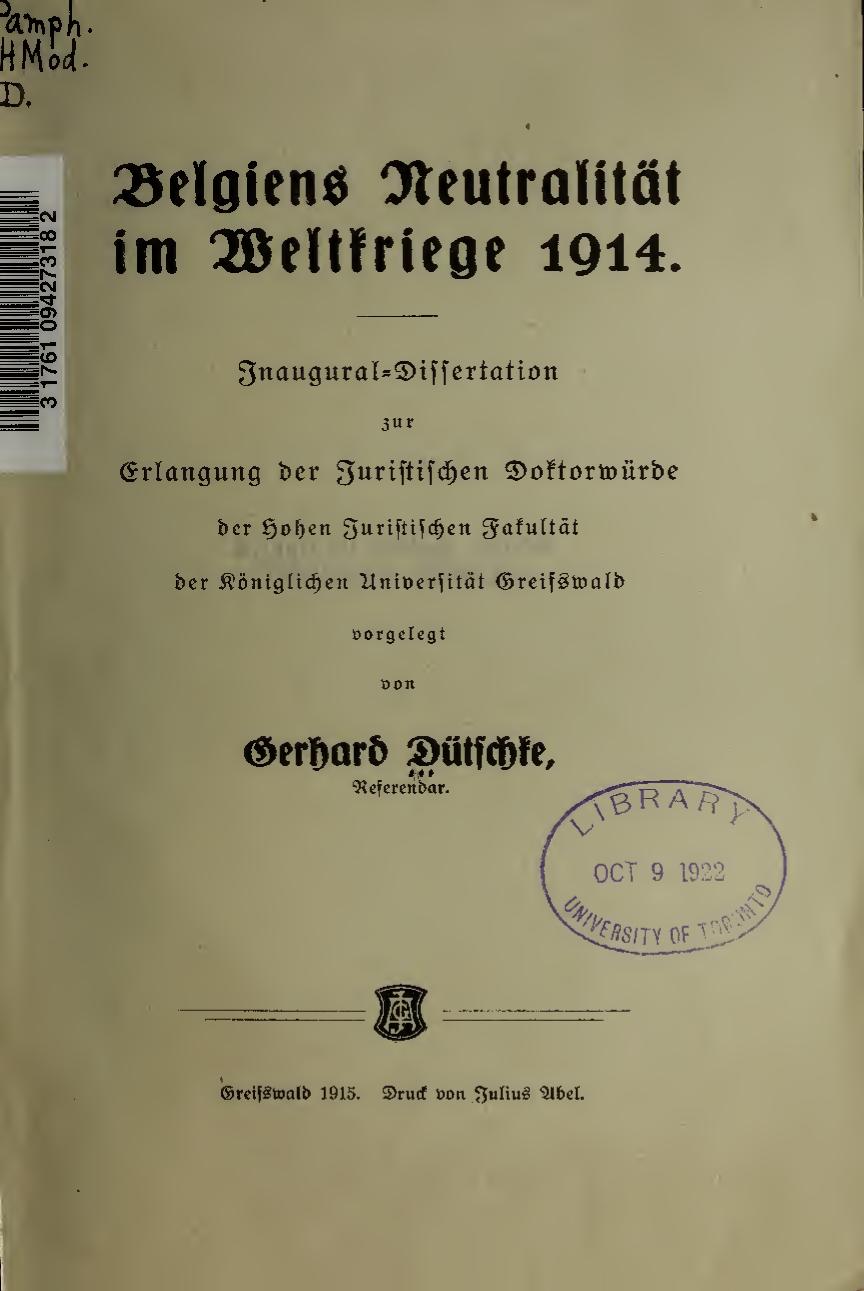 Belgiens Neutralit�t Im Weltkriege 1914