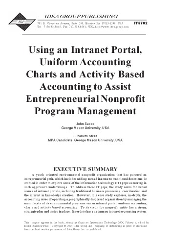 Using an intranet portal, uniform accounting charts and activity based accounting to assist entrepreneurial nonprofit program management