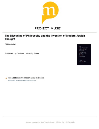 The Discipline of Philosophy and the Invention of Modern Jewish Thought