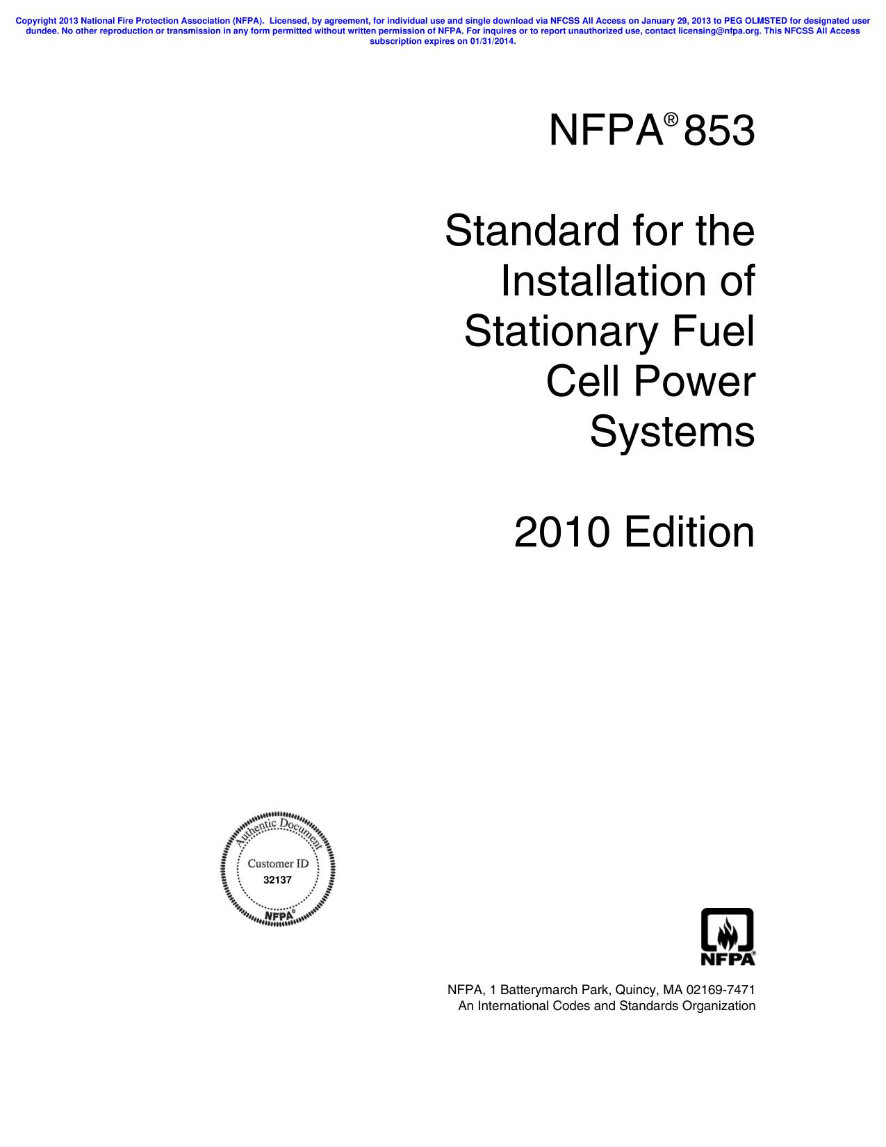 NFPA® 853  Standard for the Installation of Stationary Fuel Cell Power Systems