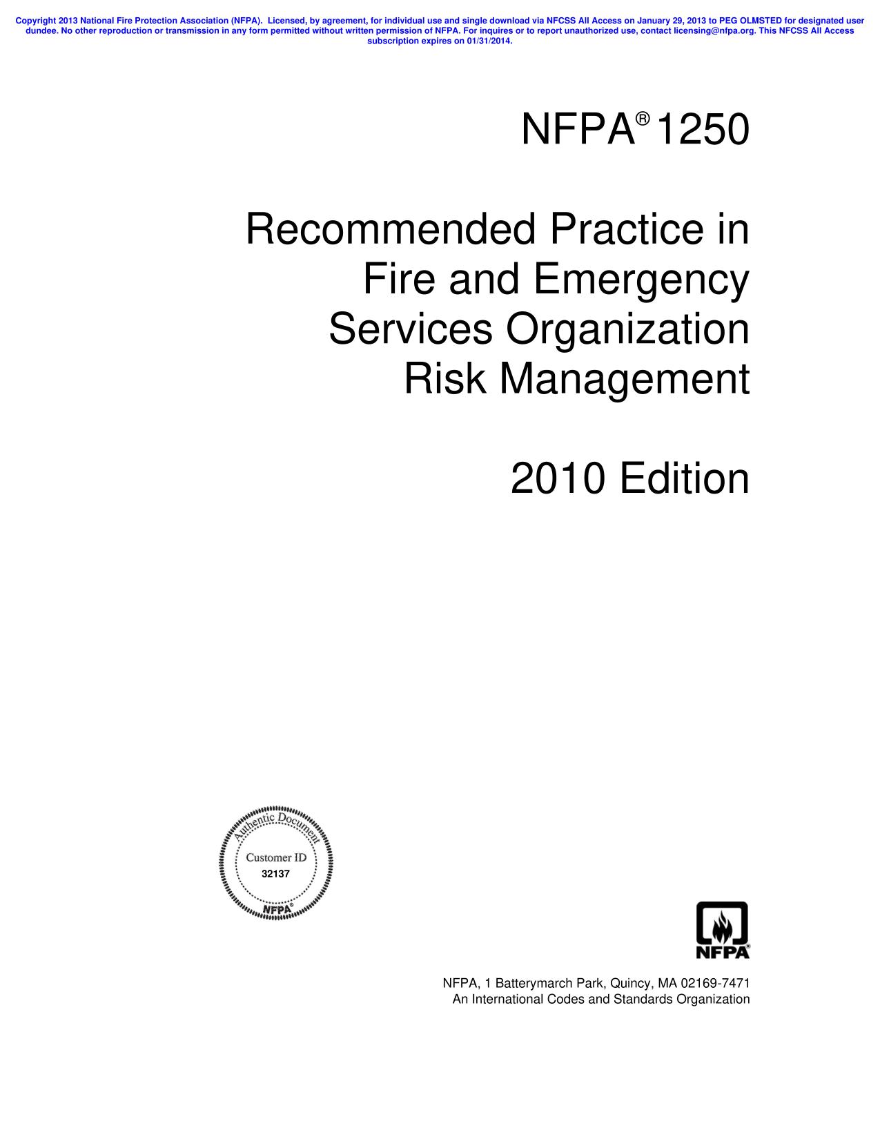 NFPA®  1250  Recommended Practice in Fire and Emergency Services Organization Risk Management