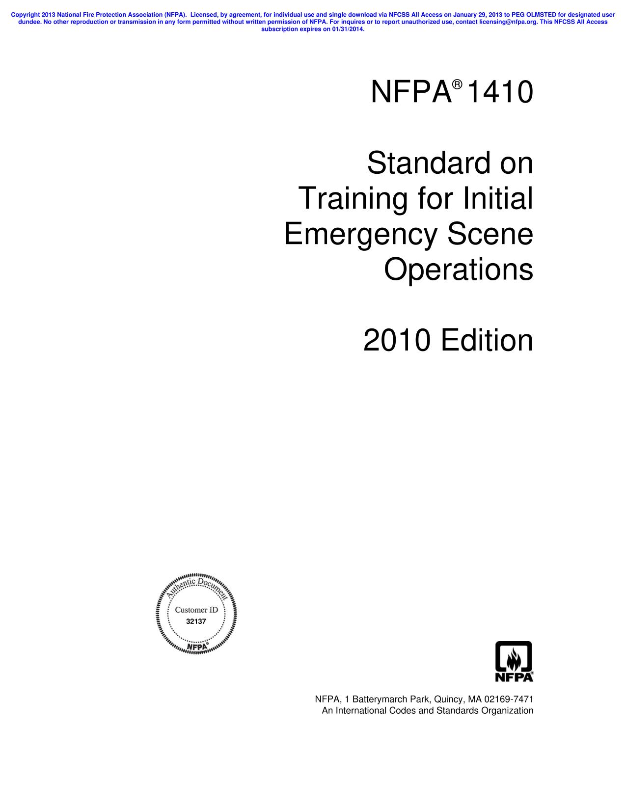 NFPA®  1410  Standard on Training for Initial Emergency Scene Operations