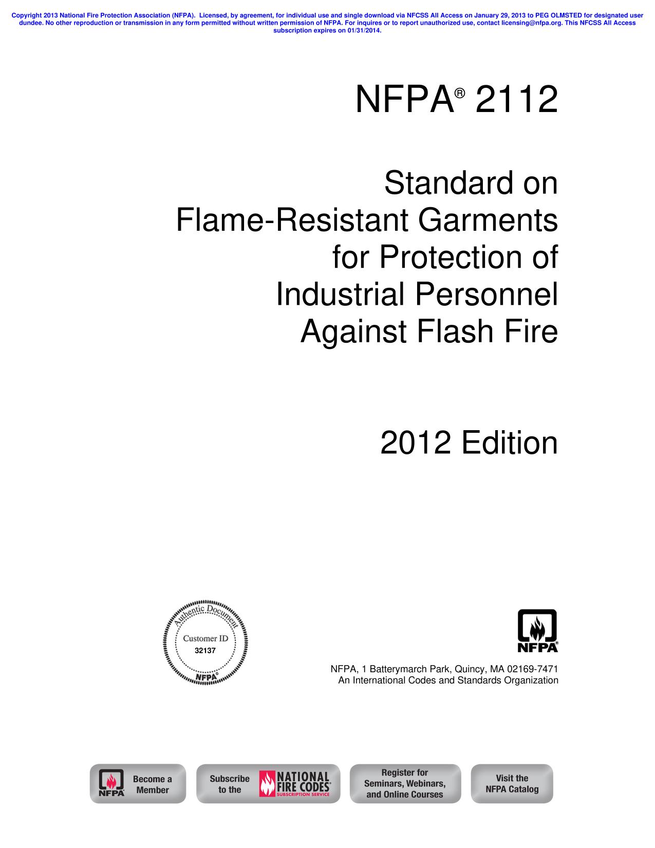 NFPA®  2112  Standard on Flame-Resistant Garments for Protection of Industrial Personnel Against Flash Fire