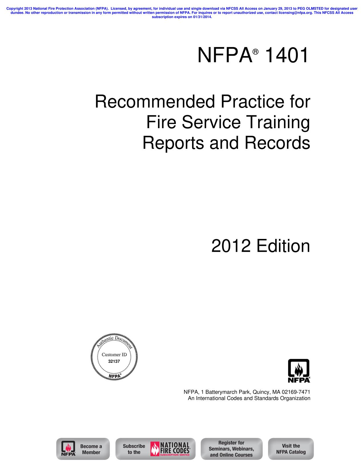 NFPA®  1401  Recommended Practice for Fire Service Training Reports and Records