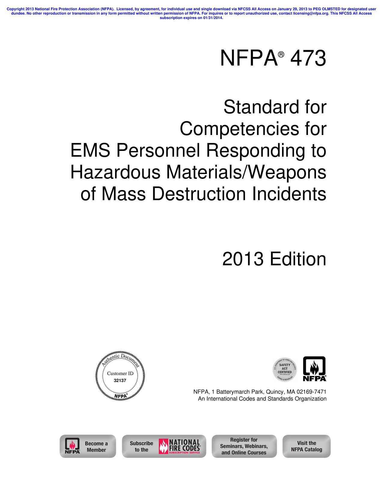 NFPA 473 - Standard for Competencies for EMS Personnel Responding to Hazardous Materials/Weapons of Mass Destruction Incidents, 2013 Edition