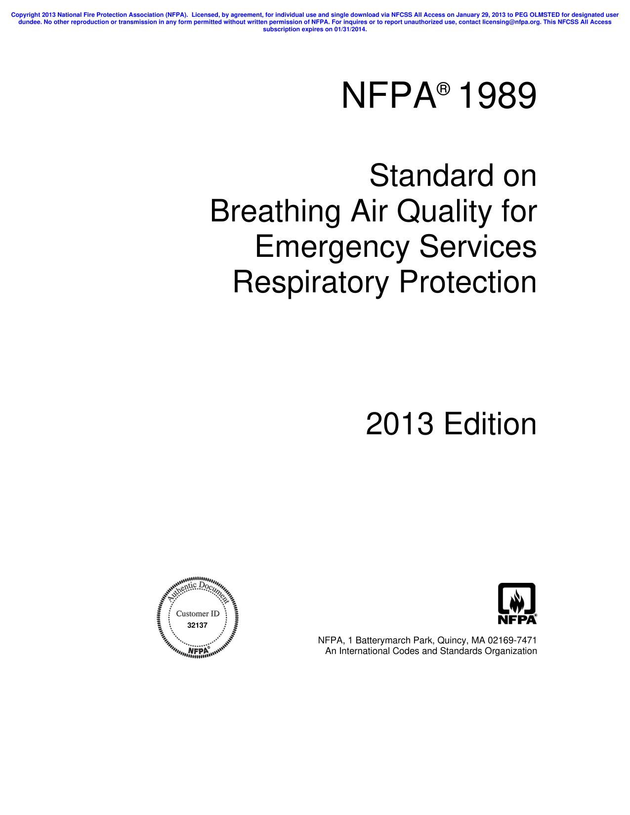 NFPA® 1989  Standard on Breathing Air Quality for Emergency Services Respiratory Protection