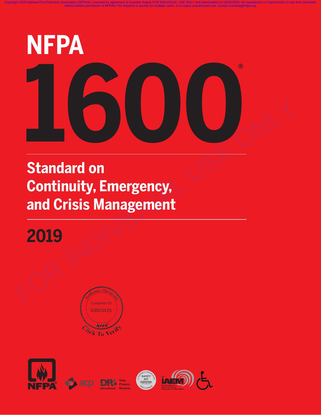 NFPA 1600 : Standard on Standard on Continuity, Emergency, and Crisis Management 2019 Edition