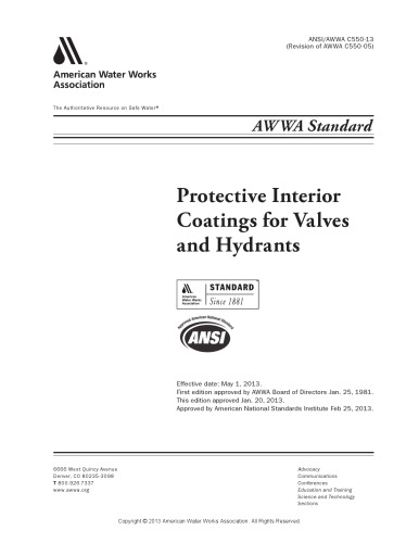 ANSI/AWWA C550-13 : protective interior coatings for valves and hydrants