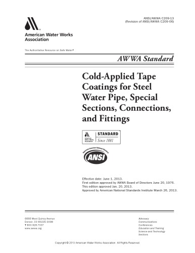 AWWA C209-13 Standard for Cold-Applied Tape Coatings for Steel Water Pipe, Special Sections, Connections, and Fittings