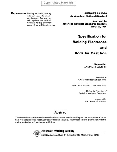 Specification for Welding Electrodes and Rods for Cast Iron (A5.15-90.