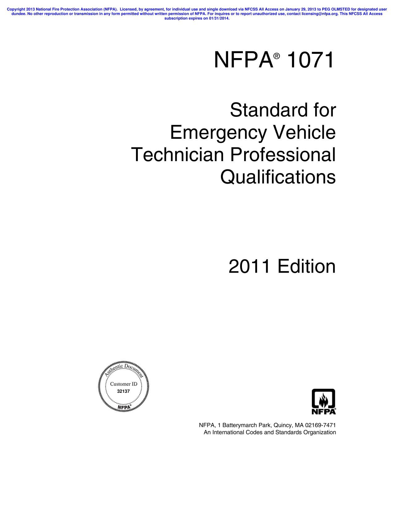 NFPA®  1071  Standard for Emergency Vehicle Technician Professional Qualifications