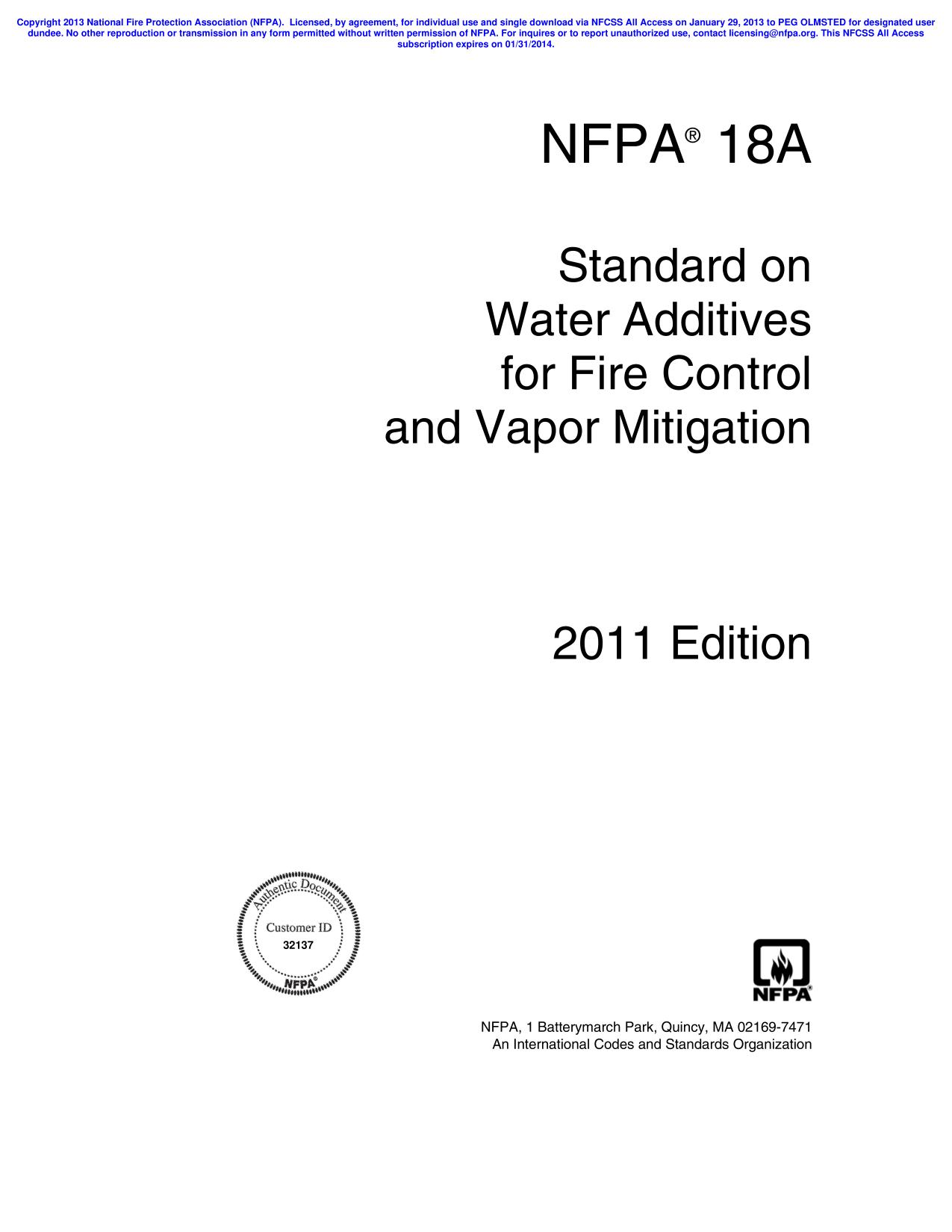 NFPA® 18A : Standard on Water Additives for Fire Control and Vapor Mitigation