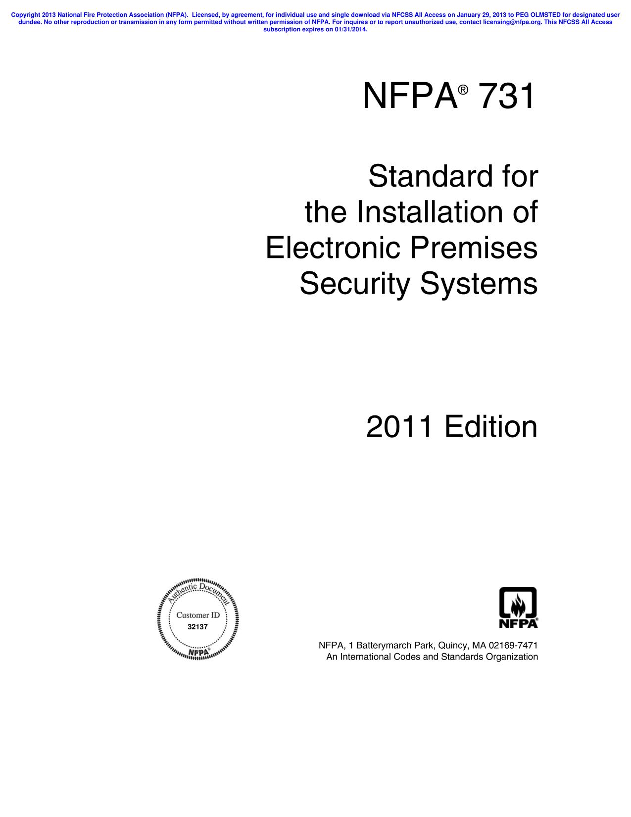 NFPA®  731 Standard for the Installation of Electronic Premises Security Systems