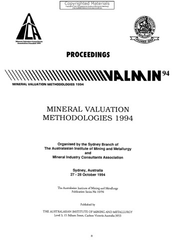 Mineral valuation methodologies 1994 : proceedings, VALMIN 94 Sydney, Australia 27-28 October 1994