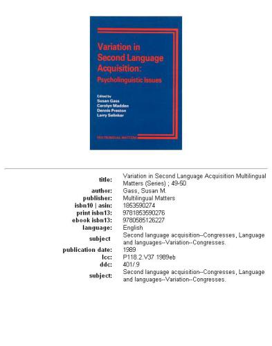Variation in Second Language Acquisition Volume II