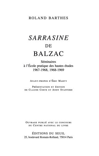 Sarrasine de Balzac : séminaires à l'École pratique des hautes études, 1967-1968, 1968-1969