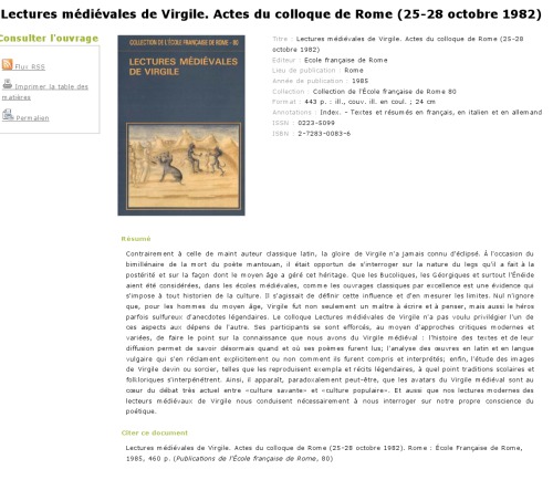 Lectures médiévales de Virgile : actes du colloque organisé par l'Ecole Française de Rome.