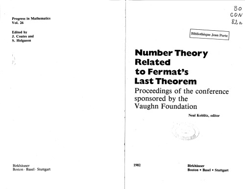 Number Theory Related To Fermat's Last Theorem (Progress In Mathematics)